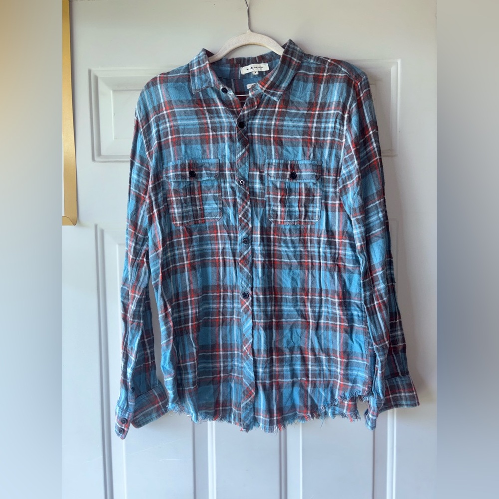MM Vintage blue plaid frayed hem button down shirt size S